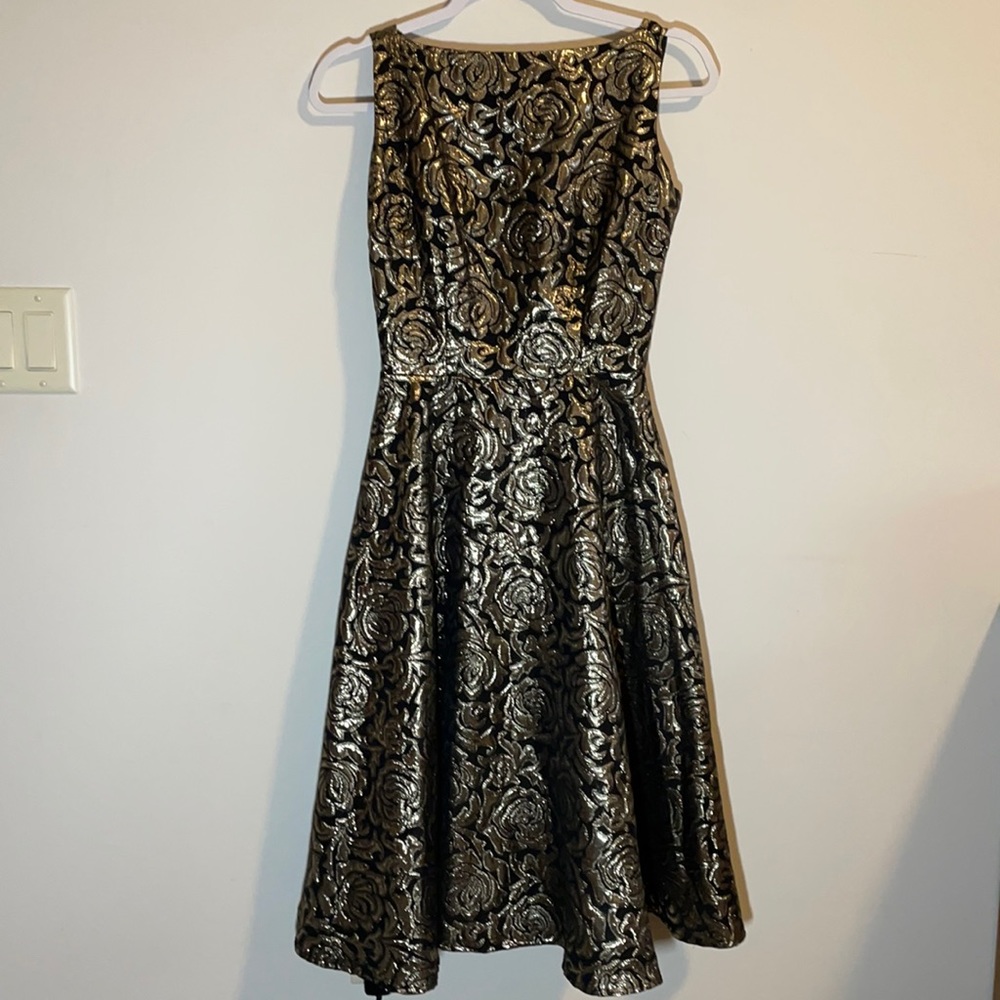 Betty Page by Tatyana small black and gold floral dress.